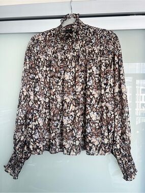 HOUSE OF HARLOW 1960 Floral Smocked Mock Neck Blouse in Brown, Cream & Black
